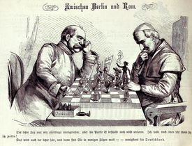 Between Berlin and Rome, Bismarck (left) confronts Pope Pius IX, 1875. Kladderadatsch 1875 - Zwischen Berlin und Rom.png