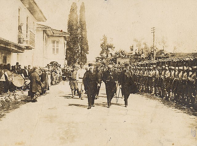 Members of the High Council entering the Regency Building: Aqif Pasha Elbasani, Mihal Turtulli, Abdi Toptani