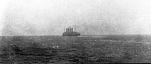 Lusitania departing New York on her final voyage, 1 May 1915 Last photo of Lusitania May 1 1915 (cropped).jpg