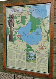 Information board near the lake Lieps, claiming to be the site of Radgosc (Rethra). However, a scholarly consensus on the temple's location has not yet been established, and various theories have been forwarded and refuted. Lieps infotafel.jpg