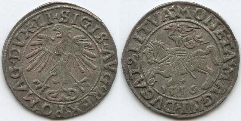 File:Lithuanian half-Groschen of Žygimantas Augustas with the Polish Eagle and Lithuanian Vytis (Waykimas), 1556.jpg