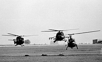 Westland Lynx, Westland Scout and Westland Gazelle helicopters (left to right) of 1 Regiment Army Air Corps in Hildesheim, West Germany in 1980. Lynx, Scout and Gazelle 1 Reg AAC Hildesheim 1980.jpg