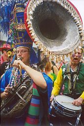Costumed sousaphone player, New Orleans, Mardi Gras Day 2005 MG05MBSousa.jpg