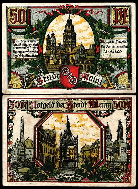 50 Pfennig Notgeld issued by Mainz, 1921