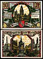 50 Pfennig Notgeldschein der Stadt Mainz von 1921, VS: Mainzer Dom, RS: Marktbrunnen