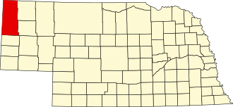 Location of Sioux County in Nebraska Map of Nebraska highlighting Sioux County.svg