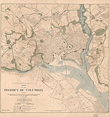 A 1901 map with recommendations for new parks and park connections Map of the District of Columbia showing areas recommended to be taken as necessary for new parks and park connections LOC 87694473.jpg