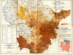 Polish population in Lithuania and northern Poland (1929, Poland's Institute for the Study of Nationalities), a map interpreting the results of the elections to the parliament of Lithuania in 1923, Polish 1921 census, and elections to the Polish parliament in 1922 Mapa rozsiedlenia ludnosci polskiej na terenie Litwy w 1929.jpg