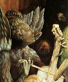 Feathered "Lucifer", Isenheim Altarpiece, c. 1512-1516 Matthias Grunewald - Concert of Angels (detail) - WGA10740.jpg