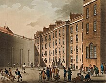 The Racquet Ground of the Fleet Prison circa 1808 Microcosm of London Plate 036 - Fleet Prison by Thomas Rowlandson and Augustus Pugin cropped.jpg