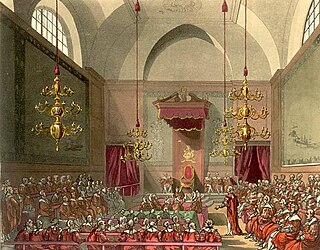 La Cámara de los Lores, dibujo de Augustus Pugin y Thomas Rowlandson para el Microcosmos de Londres de Ackermann (1808-11). Esta cámara se quemó en el incendio de 1834.