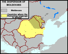 Aire du « parler moldave » (gris foncé superposé) et « roumain langue officielle » (jaune).