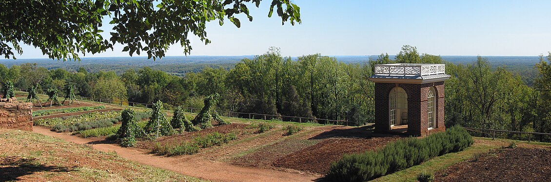 Panoramic view of Jefferson's gardens and observatory south side of Monticello