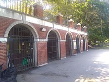 A brick arcade in the southern section of Morningside Park
