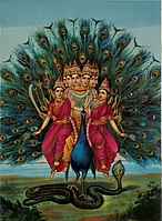Lord Kartikeya with his wives on his peacock mount.