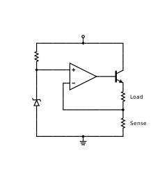 Figure 7: Typical op-amp current source. Op-amp current source with pass transistor.svg