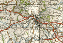 1948 Ordnance Survey map showing the location of Ightenhill Manor (on the eastern part of the map) Padiham 1948 Old OS map - central part.jpg