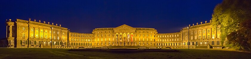 Blue hour panorama shot of the Schloss Wilhelmshöhe ("Wilhelmshöhe Palace") is a palace located in the Bergpark Wilhelmshöhe in Kassel, Germany. Although the site was used already in the 12th century as monastery, and later as a castle, the current palace was constructed between 1786 and 1798 for the Landgrave Wilhelm IX. The palace, as essential part of the Bergpark Wilhelmshöhe became UNESCO World Heritage in July 2013.