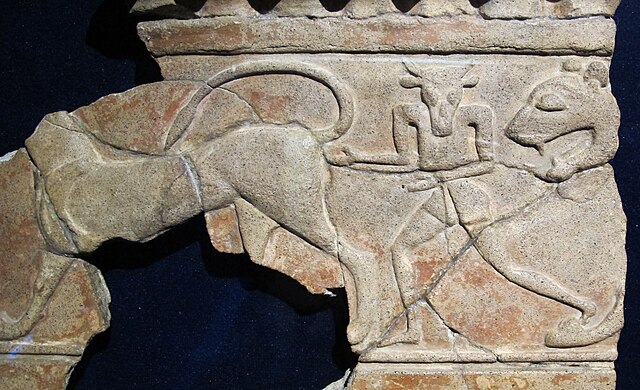 Fragment of a terracotta frieze plaque from the Regia at the east end of the Forum showing a minotaur and felines, c. 600–550 BC, Antiquarium Museo de
