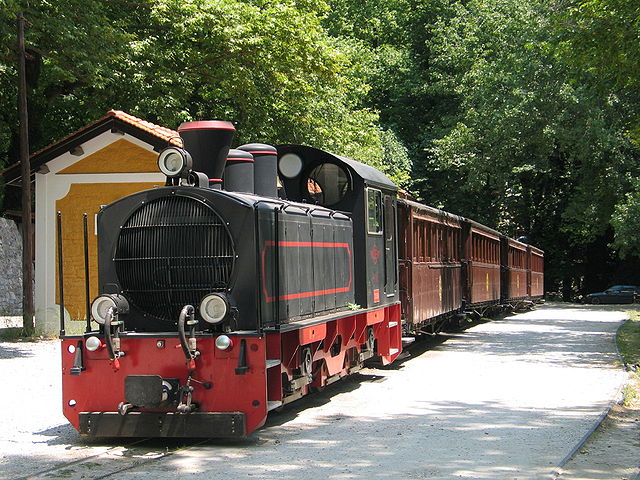 A steam outline Schöma diesel locomotive on the Pelion railway in Greece.