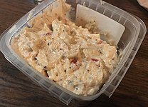 Close-up view of a commercial pimento cheese