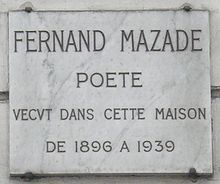 Fernand Mazade-emléktábla, 17 rue de Boulainvilliers, Párizs 16.jpg