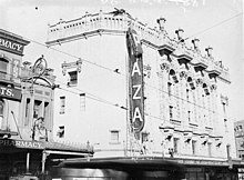 Erecting neon sign "Plaza", Plaza Theatre, c. 1935 Plaza Theatre, Sydney, ca. 1935 SLNSW FL1447534.jpg