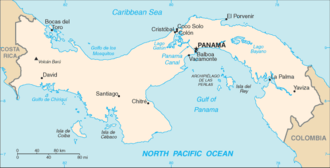 Location of Panama between Pacific (bottom) and Caribbean (top), with canal at top center Pm-map.png