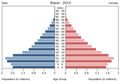 English: The population pyramid of Nepal illustrates the age and sex structure of population and may provide insights about political and social stability, as well as economic development. The population is distributed along the horizontal axis, with males shown on the left and females on the right. The male and female populations are broken down into 5-year age groups represented as horizontal bars along the vertical axis, with the youngest age groups at the bottom and the oldest at the top. The shape of the population pyramid gradually evolves over time based on fertility, mortality, and international migration trends. Українська: Віково-статева піраміда населення Непалу за 2013 рік. Вона дає наочне уявлення про вікову і статеву структура населення країни, може слугувати джерелом інформації про політичну і соціальну стабільність, економічний розвиток. Блакитними кольорами ліворуч, у вигляді горизонтальних смуг показані вікові групи (з кроком 5 років кожна) чоловічої статі, праворуч рожевими — жіночої. Наймолодші вікові групи — внизу, найстаріші — вгорі. Форма піраміди поступово еволюціонує з плином часу під впливом чинників народжуваності, смертності і світової міграції.