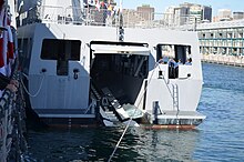 KDB Darulaman (08) at the Sydney International Fleet Review, demonstrating open RHIB dock.