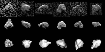 Radar images and a computer model of an asteroid