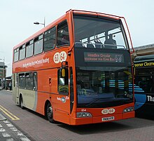 An East Lancs Olympus body with a tree-protection bull-bar protecting the large upper-deck front window Reading Transport 854.JPG