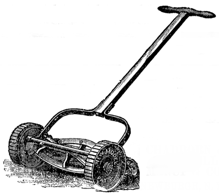 A cylinder (reel) mower from 1888 showing a fixed cutting blade in front of the rear roller and wheel-driven rotary blades