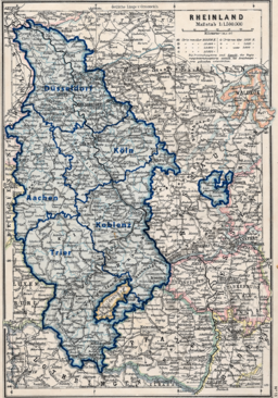 Karta med provinsens fem regeringsområden, 1905: Koblenz, Düsseldorf, Köln, Trier och Aachen.