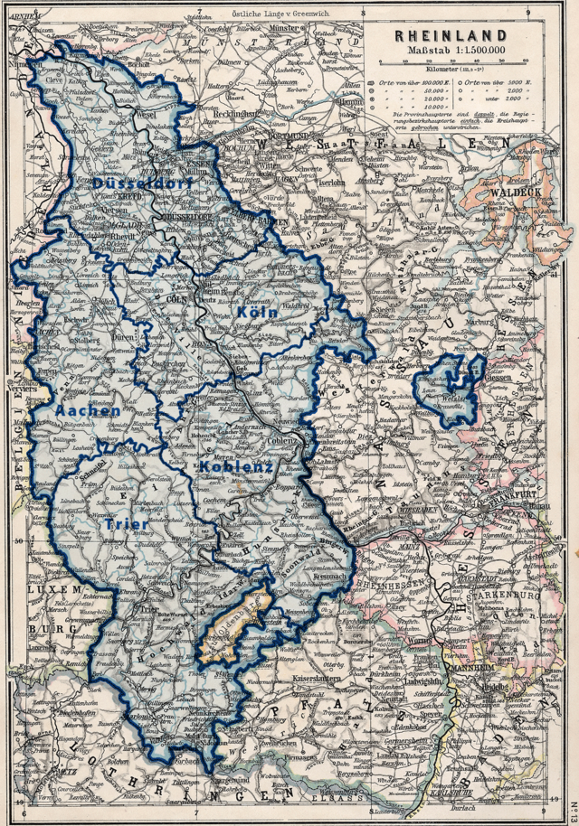 Karta med provinsens fem regeringsområden, 1905: Koblenz, Düsseldorf, Köln, Trier och Aachen.