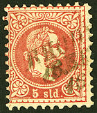 Ταχυδρομική σφραγίδα Ρόδου (RHODU[S]), τύπος Müller A86, σε γραμματόσημο των 5 soldi, έκδοσης 1867, Mi.3.I.