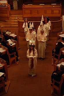 Lucia procession at a meeting in the Swedish parliament. The so-called "star boys" follow Lucia in the procession. Right Livelihood Award 2009-award ceremony-31.jpg