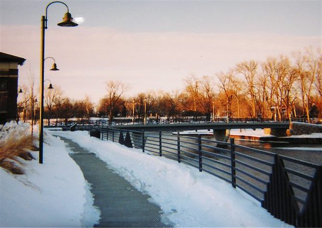 Elkhart's downtown riverwalk on a wintry evening.