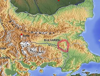 Bulgaristan'da Sakar Dağları (kırmızı daire)