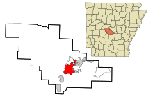 Saline County Arkansas Incorporated und Unincorporated Bereiche Benton Highlighted.svg