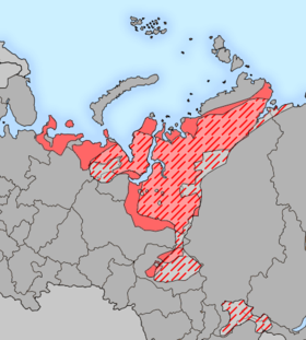 Répartition géographique estimée des langues samoyèdes au XVIIe siècle (en hachures) et de nos jours (en plein).