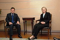 Juan Manuel Santos and U.S. Secretary of State Hillary Clinton, shortly before the second round of voting, on June 9, 2010 Santos Clinton.jpg