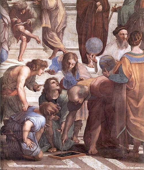 Detail from Raphael's The School of Athens featuring a Greek mathematician – perhaps representing Euclid or Archimedes – using a compass to draw a geo