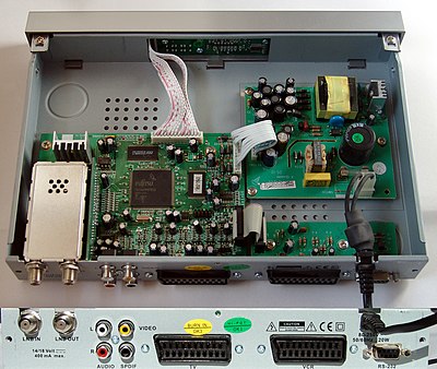 A consumer Palcom DSL-350 satellite-receiver; the IF demodulation tuner is on the bottom left, and a Fujitsu MPEG decoder CPU is in the center of the board. The power supply is on the right.
