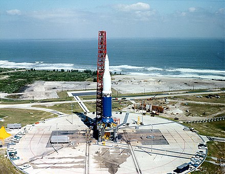 Saturn I for mission SA-3 in place on Pad 34, prior to November 1962 launch Saturn SA3 with rain cover on launch pad.jpg