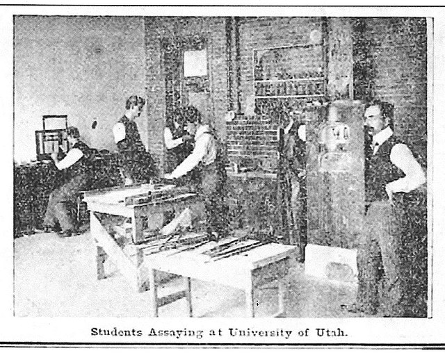 Students at Assay Lab, School of Mines, University of Utah, 1901. Merrill at right