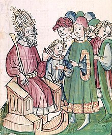 Emperor Pontianus, his son Diocletian and the seven wise masters (Cod pal. germ 149 at Heidelberg) Seven Sages Codex Illustration 2.jpg