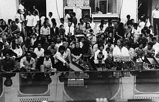 Stockhausen at the sound desk for Mantra, Seraye Moshir, Shiraz, 2 September 1972 Shiraz 38.jpg