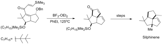 Synthesis of Silphinene using Nazarov cyclization Silphinenenazarov.png