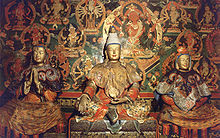 Songtsen Gampo (centre) Princess Wencheng (right) and Bhrikuti Devi of Nepal (left) SongstenGampoandwives.jpg